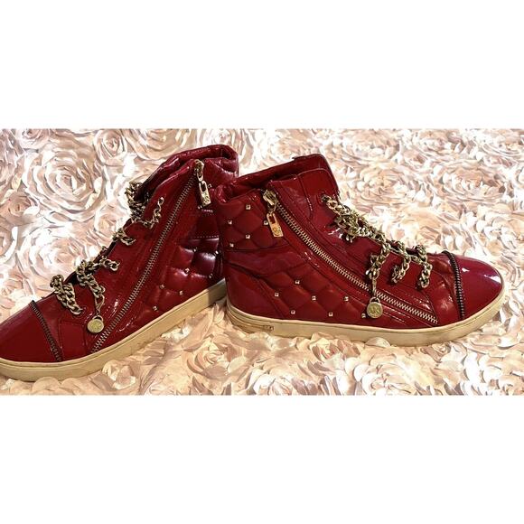 Michael Kors, Patent Red Chain Sneakers, Gold Studs, Size 8M - Picture 6 of 8